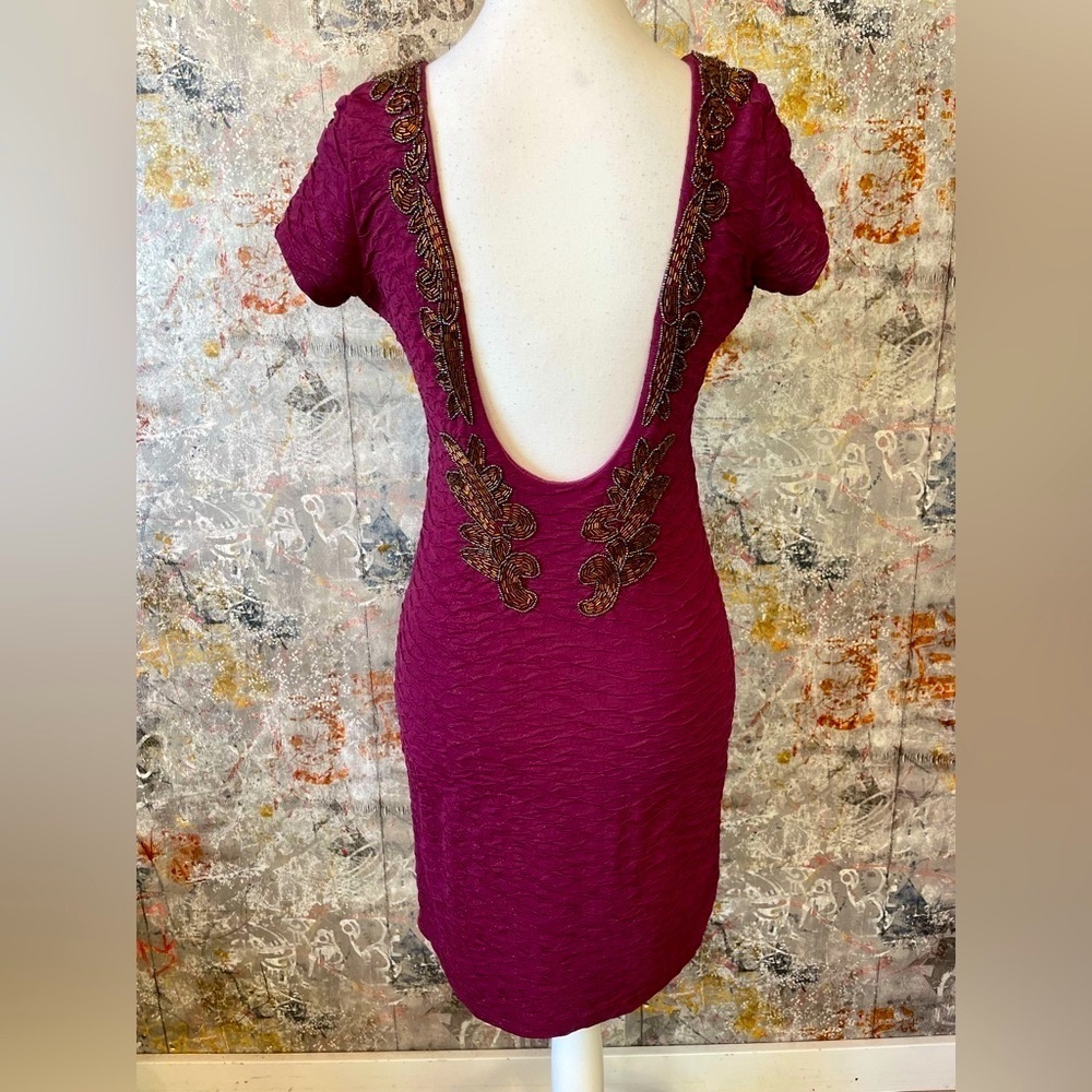 FREE PEOPLE Maroon Low Back Tight Dress with Beaded Embellishments.